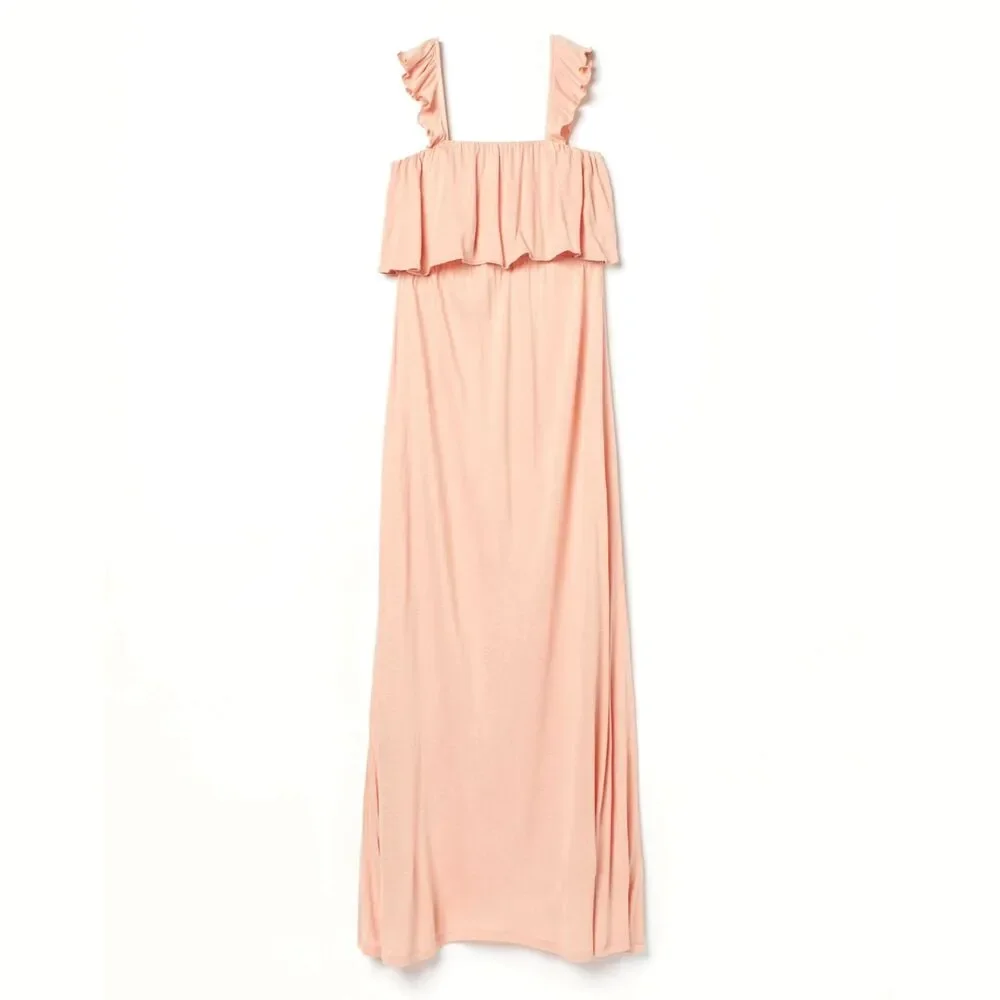 H&M MAMA Long Jersey Maternity Dress (L) in Apricot Ruffle Shoulder Flounce Maxi - Picture 12 of 14